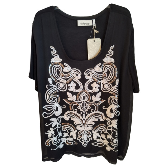 La Bellum Hillary Scott  Sequin Top Woman's Size 3X Black White Short Sleeve - Picture 4 of 12